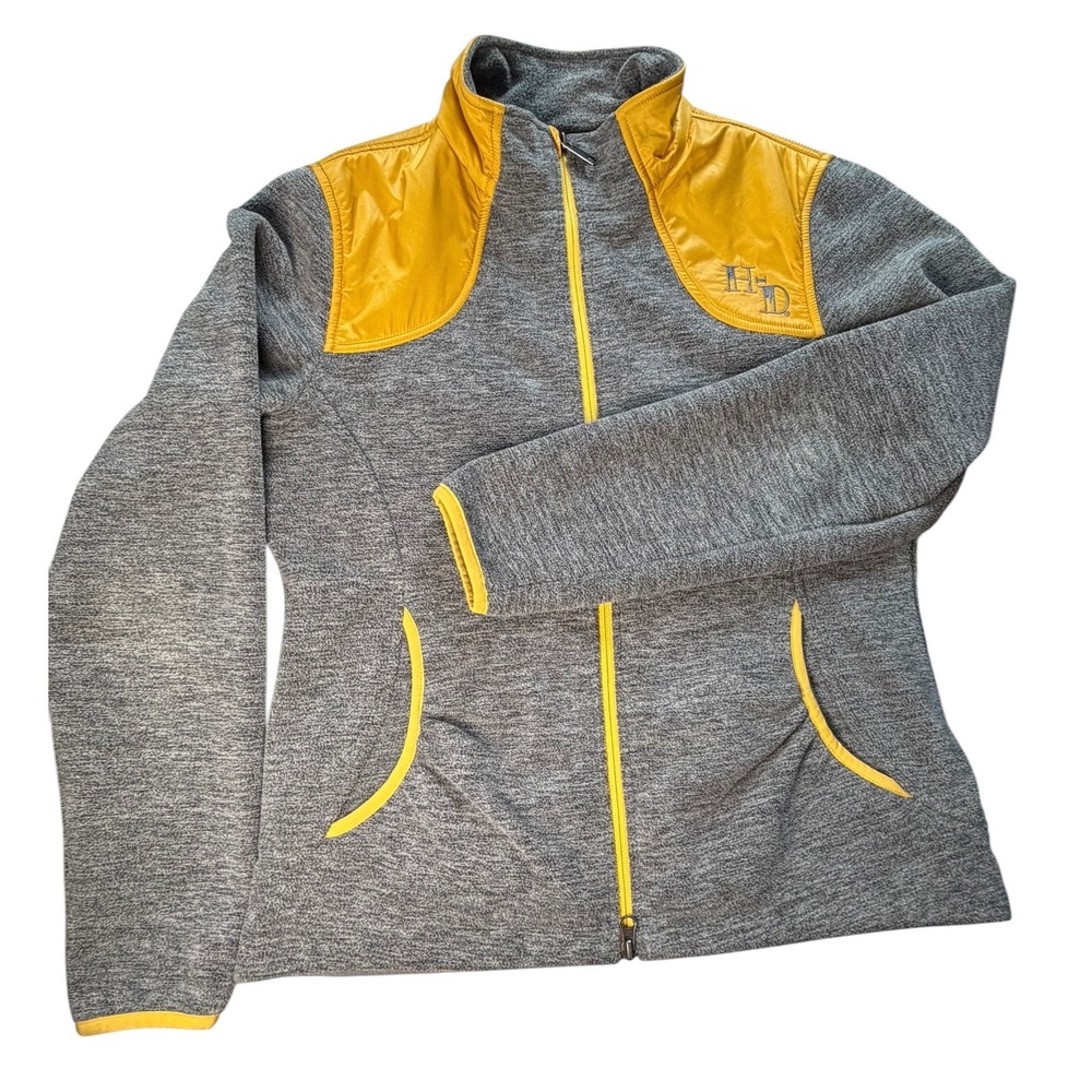 Harley-Davidson Womens Gray Fleece Full Zip Jacket‎ Yellow Quilted Trim Medium